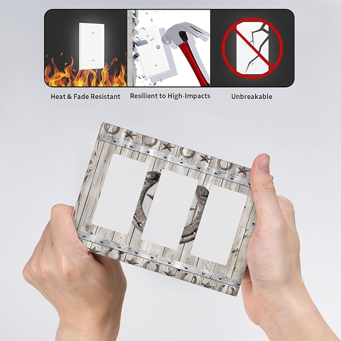 Rustic Western Wood Barn Door Horseshoe Iron Star 3 Gang Rocker Light Switch Covers Triple Outlet Wall Plate Decorative Switchplate Cover Faceplate GFCI for Farmhouse Country Bedroom Decor