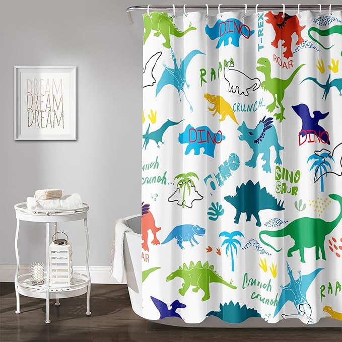 AILONEN Cartoon Dinosaur Shower Curtain for Kids Boys 48" W*72" H Inch,Colorful Dinosaur Pattern Shower Curtain,12 Pack Hooks Polyester Waterproof Fabric Decor for Bathroom