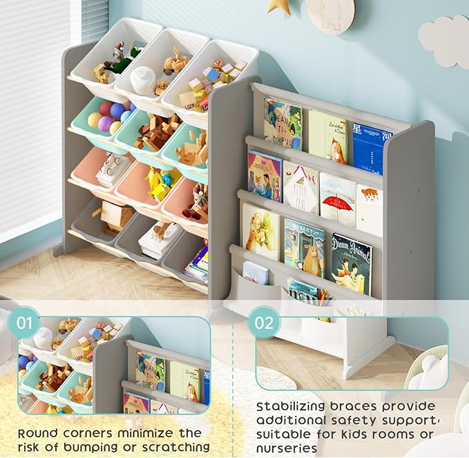 Kids Toy Storage Organizer - Toy Organizer with Kids Bookshelf, Toy Storage with 12 Toy Multi-Color Bins and 4 Book Shelves, Toy Organizers and Storage for Playroom, Nursery, Kids Room, Grey