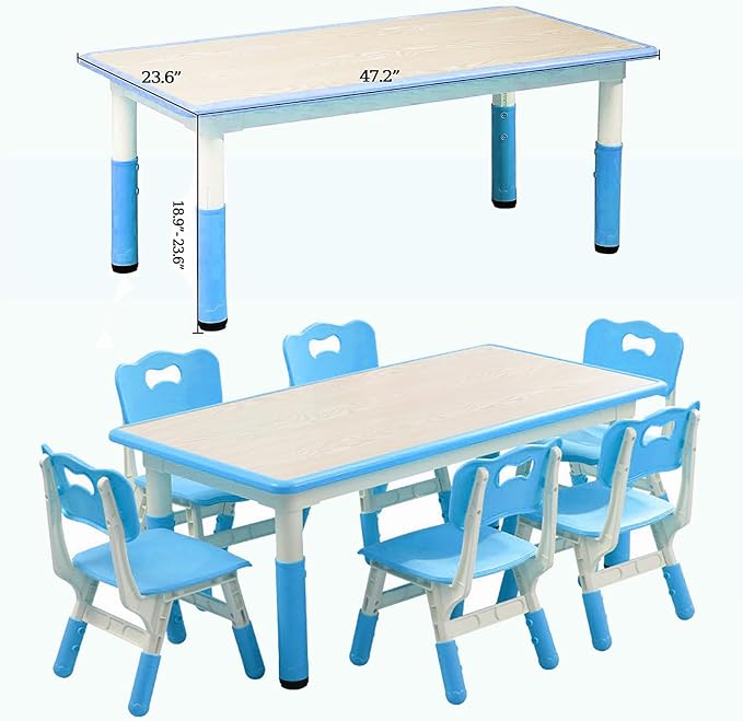 Kids Table and 6 Chair Set - Height Adjustable, Multifunctional Desk, Ergonomically Designed Chairs, Max 300lbs, for Ages 2-10, Classroom, Daycares, Home