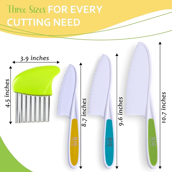 Toddler Knife Set for Real Cooking 4-Pcs Nylon Kids Knife Set with Crinkle Cutter - Kid Safe Knives in 3 Sizes for Cutting Fruit, Lettuce and Bread - Serrated Edges, Firm Grip