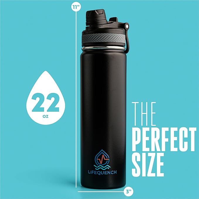 Insulated Water Bottle with Straw and Handle 22 oz-Stainless Steel Water Bottles with Straw, Dual Cap Function & Sleeve, Keeps Drinks Hot Up to 12 Hours & Cold Up to 24 Hours (Black)