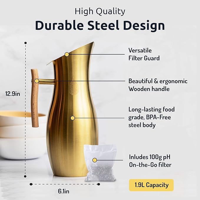 Invigorated Water Alkaline Water Filter Pitcher - Stainless Steel - Pitcher Filters - Tap Water Purifier with High pH Filter - Water Filter Remove Fluoride - 1.9L (Gold)