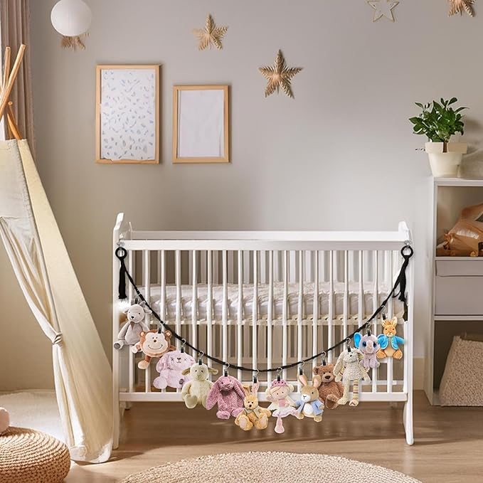 Stuffed Animal Storage Chain 80 Inch, Munzong 4pcs Black Hanging Stuff Animals organizer, Cotton Toy Display Chain with 80 Clips, Toys Organizers Holder for Toddler Kids Nursery Room Wall Corner Decor