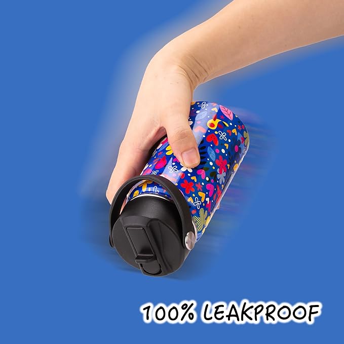 Kids Insulated Water Bottle, 2 Pack 12oz Flower Water Bottles Bulk with Flip Straw & Big Handle, 18/8 Stainless Steel, Gifts for Kids Girls to School Travel Sports, Hands Wash Only, Pink & Blue