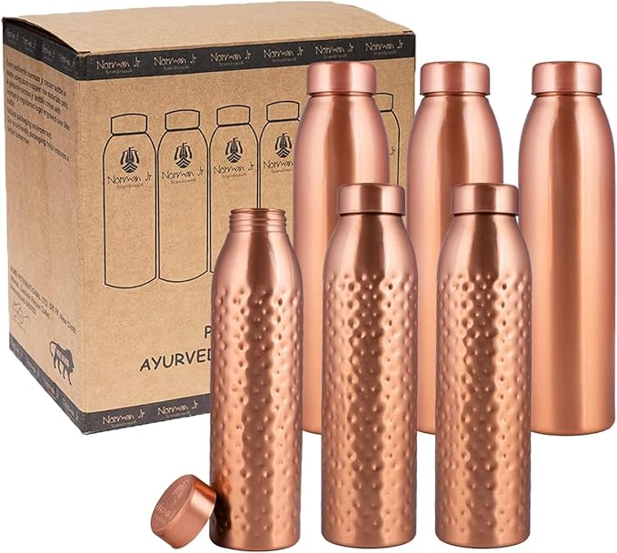 Copper Water Bottle 1Liter - Gift Box of 6, Plain 3, Hammered 3, an Ayurvedic vessel made from pure copper - helps you drink more water, with many health benefits