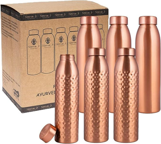 Copper Water Bottle 1Liter - Gift Box of 6, Plain 3, Hammered 3, an Ayurvedic vessel made from pure copper - helps you drink more water, with many health benefits