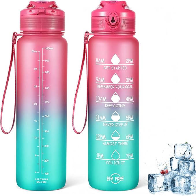Water Bottle 32 oz, Motivational Sports Water Bottles Tritan BPA Free Water Bottle No Straw With Time Marker, Wide Mouth Leakproof Water Bottle with Strap for Gym Fitness Hiking Bike Camping - Pink