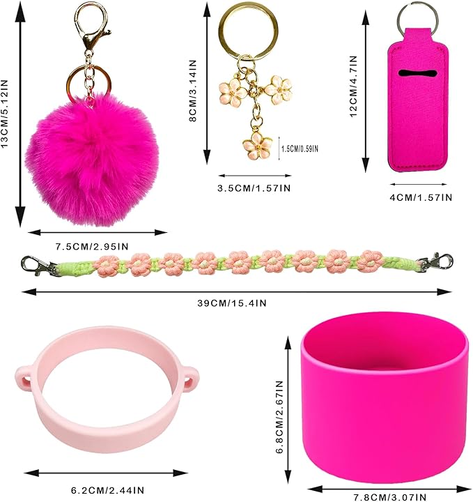 Water Bottle Accessories Set Compatible with Owala 24oz 32oz Including Water Bottle Handle Strap, Water Bottle Boot, Lipstick Bag, Pompom Ball, Daisy Key-chain, Compatible with Owala FreeSip.