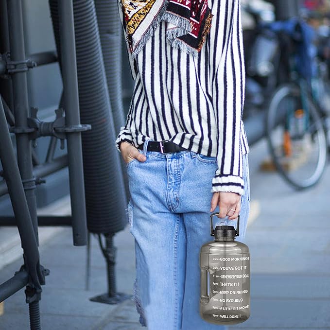 QuiFit 1 Gallon Water Bottle - with Straw & Motivational Time Marker Leak-Proof BPA Free Reusable Gym Sports Outdoor Large(128OZ) Capacity Water Jug(Grey,1 Gallon)