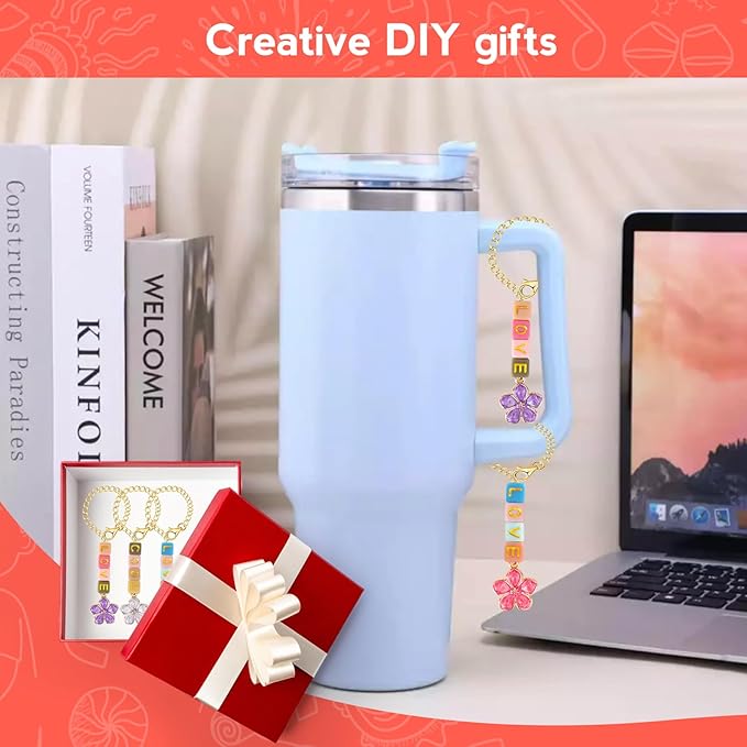 Mity rain 4 Pack Letter Charm Accessories For Stanley Cup, 4 PCS Charm Chains And 400PCS Greetings/Name ID DIY Letter Beads, Letter Handle Charm Designed For Stanley Tumbler Handle Decorations (Gold)