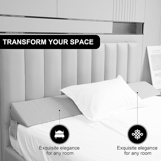 Queen Bed Wedge Pillow for Headboard,Foam Headboard Pillow Wedge,Bed Gap Filler Mattress Wedge,Mattress Gap Filler - Fill The Gap (0-8") Between Headboard and Mattress (Gray, 60"x10"x8")