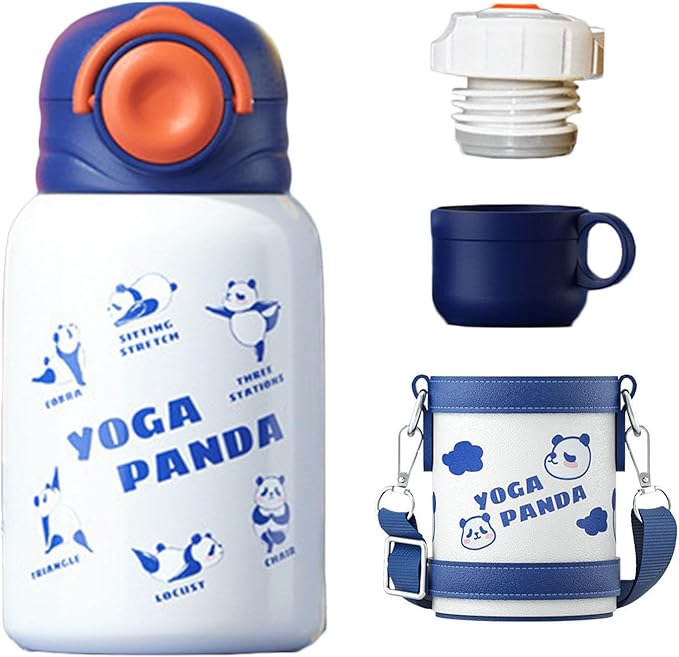 Cute Water Bottle with 3 Lids, BPA-Free Reusable Insulated Water Bottle with Adjustable Strap and Straw for Travel Sports Camping and Kids Gifts (WHITE)