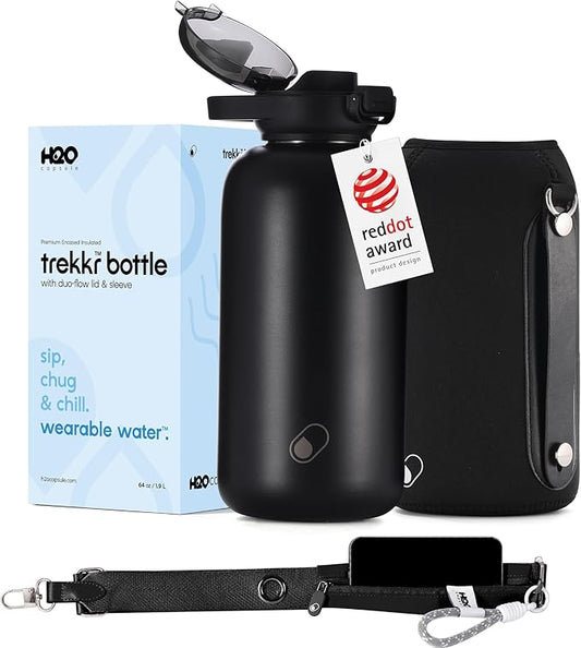 H2O Capsule Half Gallon Insulated Water Bottle With Straw - Stainless Steel Thermos Water Bottle With Sipping/Chugging Lid & Shoulder Strap For Storage - 64 oz Vacuum Flask, Keeps Hot Cold (Black)