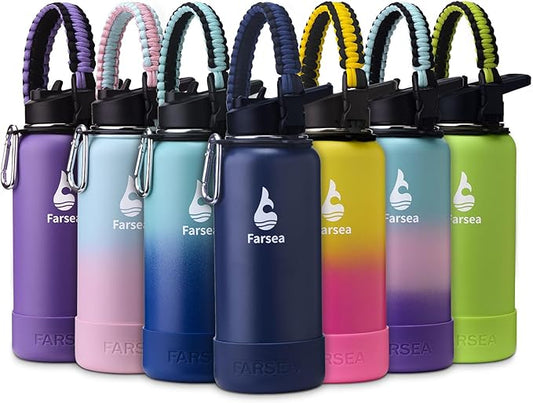 Farsea Insulated Water Bottle With Paracord Handle, Protective Boot and 2 Lids (Straw Lid & Spout Lid), Stainless Steel Water Bottle Wide Mouth, Double Wall Sweat-Proof BPA-Free, 32 oz
