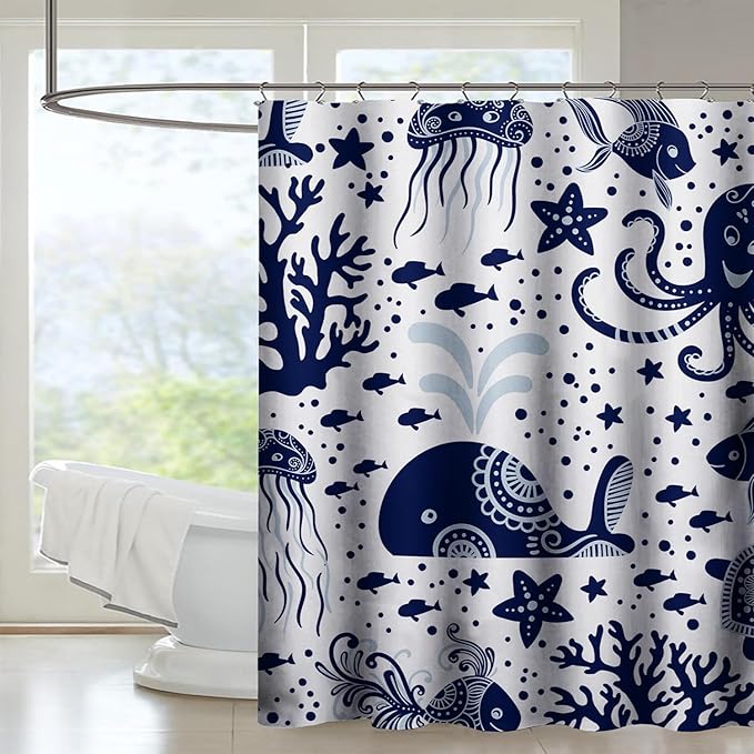 AILONEN Cartoon Dolphin Shower Curtain for Kids 72" W*96" H Inch,Blue Whales Octopuses Turtles Pattern Shower Curtain,Ocean Life Theme 12 Pack Hooks Polyester Waterproof Fabric Decor for Bathroom