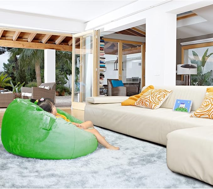 Bean Bag Chair Cover, Stuffed Animal Storage, Plush Toys Organizer Holder, Beanbag Chairs Cover for Kids Teans and Adults Super Soft and Comfortable Fabric X-Large with Handle and Zipper -Round Green