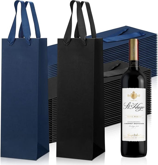 Fumete 50 Pack Wine Bottle Gift Bags Paper Wine Gift Bags Bulk 13.8x3.7x3.5 Wine Bags with Handles Appreciation Gifting Bags for Christmas Wedding Anniversary Birthday Party(Black, Navy Blue)