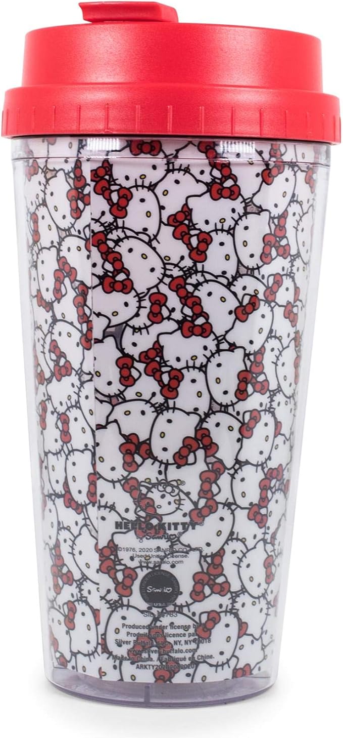 Silver Buffalo Sanrio Hello Kitty Pattern Double Wall Travel Tumbler w/Slide Close Lid, 20 Ounces, 16oz Allover Faces, 1 Count (Pack of 1)