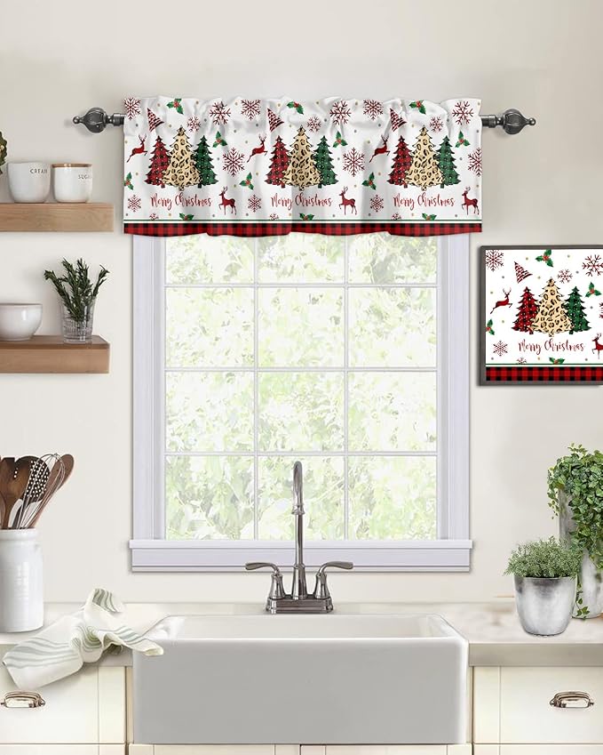 Merry Christmas Kitchen Curtains Valances for Windows Farm Christmas Tree Buffalo Plaid Leopard Rod Pocket Window Treatment for Kitchen/Living Room/Bedroom/Bathroom,42" X 12" -1 Panel, Holiday Decor