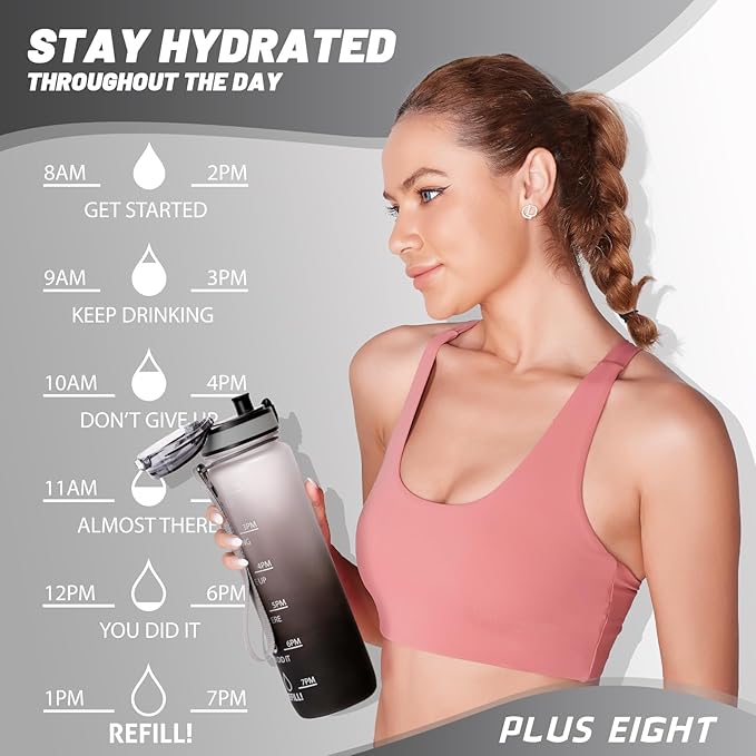 Sports Water Bottle, 32 oz Motivational Water Bottles with Time Marker to Drink, Leak-Proof Tritan BPA-Free with Carrying Strap for Women Men Gym Fitness Outdoor (Gray Black)