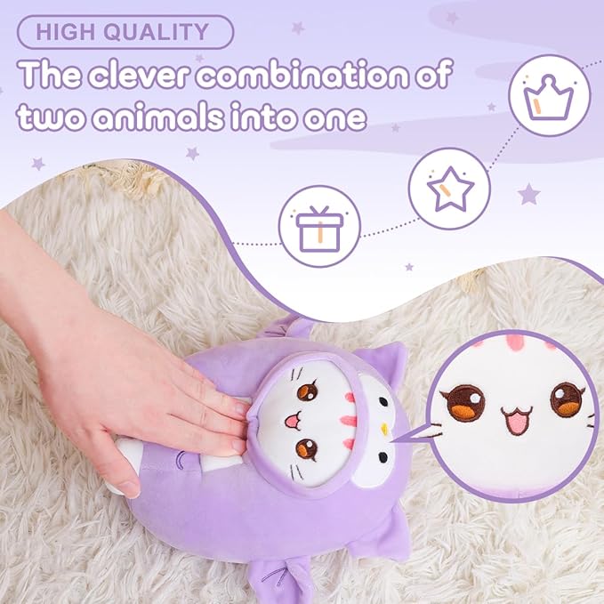 Cute Plush Owl Cat Stuffed Animal Pillow, 8" Soft Kawaii Kitten Plushie with Purple Owl Outfit Gift for Kids