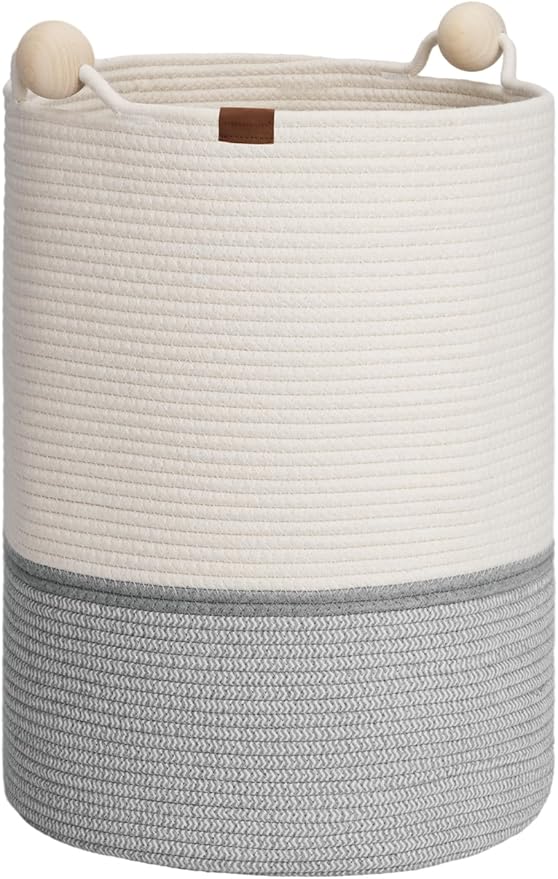 StorageWorks 58L Cotton Rope Laundry Basket with Wooden Beads Handles, Woven Basket for Storage, Dirty Clothes, Kids Toys, Towels, White & Grey