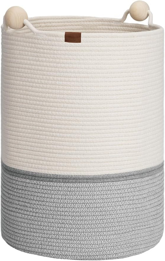 StorageWorks 58L Cotton Rope Laundry Basket with Wooden Beads Handles, Woven Basket for Storage, Dirty Clothes, Kids Toys, Towels, White & Grey
