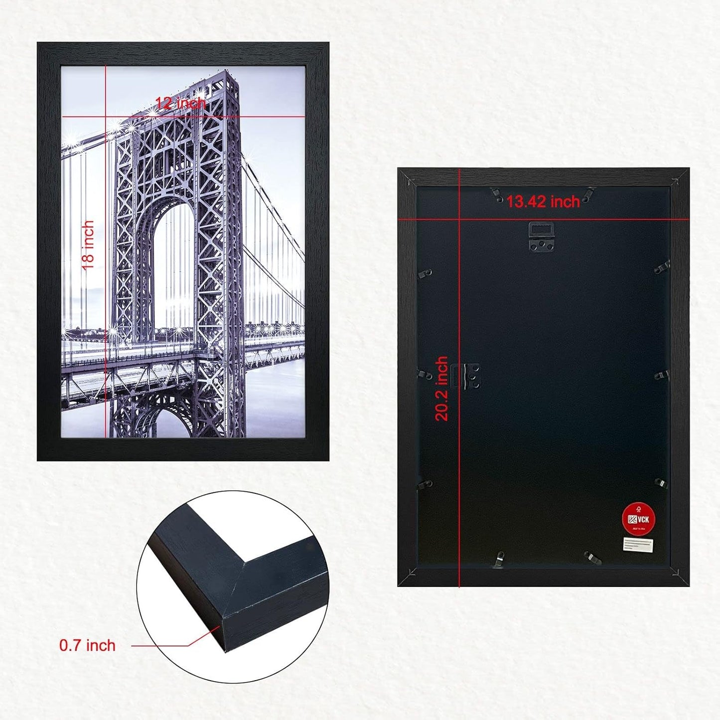 VCK 12x18 Inch Solid Wood Poster Frames with Wall Mounting Hanging Picture Frame Set of 3 Black