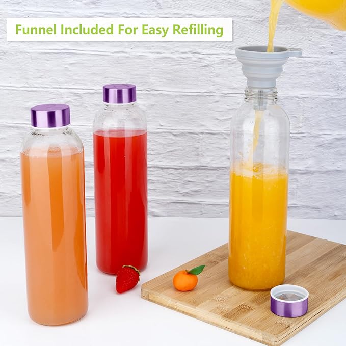 Glass Juice Bottles with Lids for Juicing 24 oz, Reusable Clear Glass Water Bottles with Stainless Steel Airtight Cap for Refrigerator, 100% Leak Proof, BPA Free, ECO Friendly, Set of 3, Pink