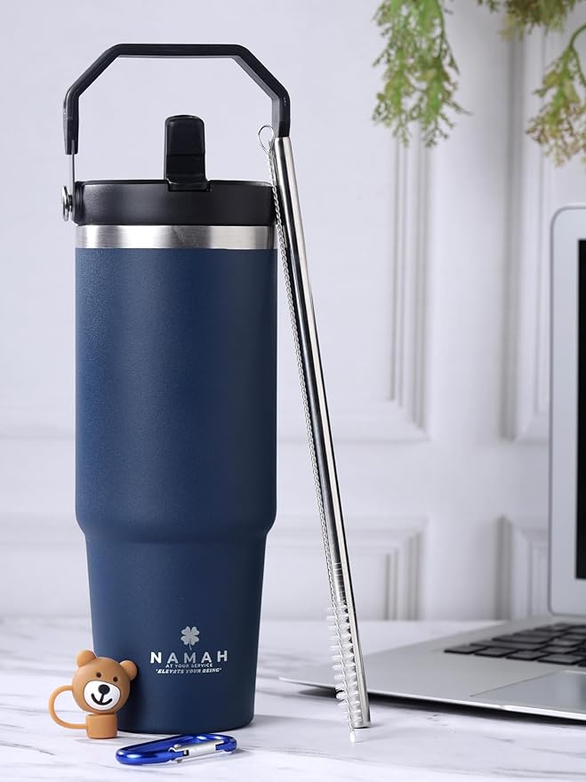 Tumbler with Handle & Extra Cloud LID – 30oz/900ml, Premium 304 Stainless Steel, Insulated Water Bottle, Leak-Proof, Steel Straw, Teddy Straw Cap, Cleaning Brush & Carabiner Hook (Midnight Teal Blue)