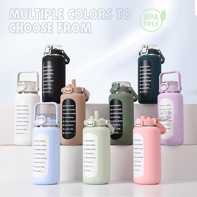 BLUEGO 64oz Insulated Water Bottle with Straw and Handle Leakproof Half Gallon Wide Mouth Motivational Water Bottle, 2-IN-1 Straw Spout Lid Stainless Steel Water Jug for Sport Travel Gym-Amber