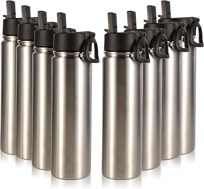 Volhoply 24oz Insulated Water Bottle With Straw Bulk 8 Pack,Metal Wide Mouth Water Bottles With Handle Lid Keep Cold,Reusable Double Wall Thermos,Powder Coated Sport Bottle For Holder(silver,8 count)