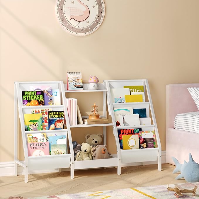 Kids Bookshelf and Toy Organizer, 3-Tier Kids Bookcase, Kids Sling Bookshelf, Toddler Toy Storage Organizer with Bookshelf, for Kids Room, Playroom, Bedroom, Nursery, White BKWT34201