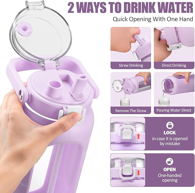 BLUEGO 64oz Glass Water Bottle with Handle and Straw, Motivational Sports Water Bottle with Time Marker and Silicone Sleeve Leakproof Drinking Bottle for Travel Gym Workout, Purple