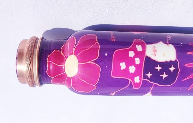 Pure Printed Copper Water Bottle - Leak Proof Ayurvedic Drinkware Copper Vessel for Sports, Gym, Outdoors, Yoga, Health Benefits (30 oz)
