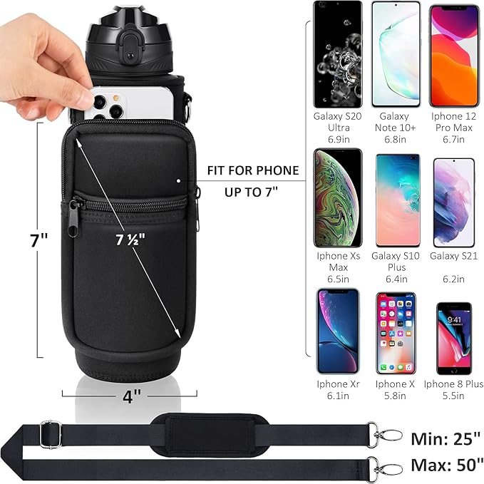 Fimibuke 32 oz Water Bottle with Sleeve - BPA Free Leakproof Sport Large 1L Plastic Motivational Water Bottle with Straw Strap & Insulated Neoprene Holder Carrier Bag Great Xmas Gift for Women Men