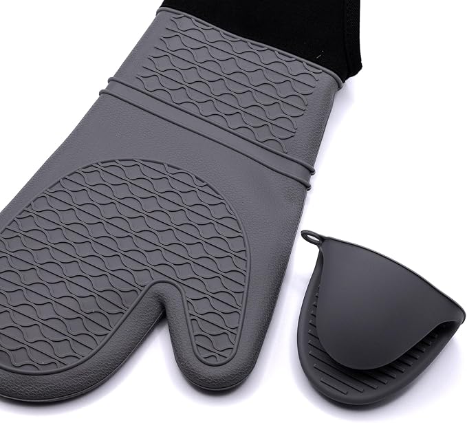 Extra Long Oven Mitts and Pot Holder Set for Ultimate Kitchen Safety- Hot Pads and Oven Mitts- Heavy Duty- Silicone Heat Resistant Oven Mitts and Pot Holder Set(Light Gray)