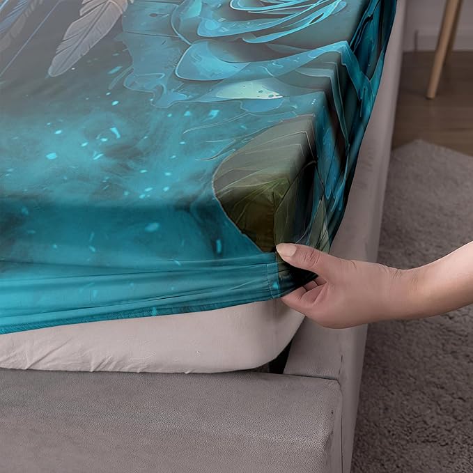 AILONEN Wolf Fitted Sheet Set Full Size Dream Catcher Bed Sheet Set, Blue Rose Smoke Wolf Sheet Set for Boys Girls,Animal Wolf Fitted Sheet with 2 Pillowcases,3 Pieces