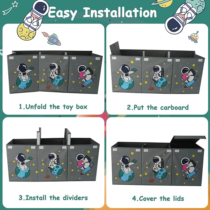 Large Toy Box Storage Organizer,Sturdy Toys Storage Chest Bin Basket with Dividers and Lids for Toddlers,Boys,Girls,Nursery,Closet,Living Room Area,Playroom(Grey Astronaut)