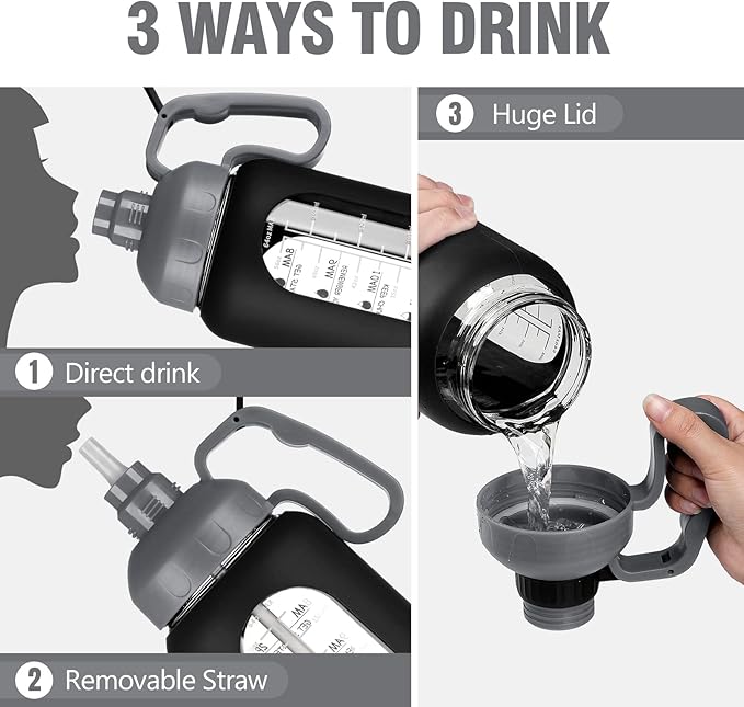 MUKOKO 64oz Glass Water Bottles with Straw, Half Gallon Water Bottle with Time Marker, Motivational Water Bottle with Silicone Sleeves,Large Glass Water Bottle for Gym,Working,Outdoor,Black