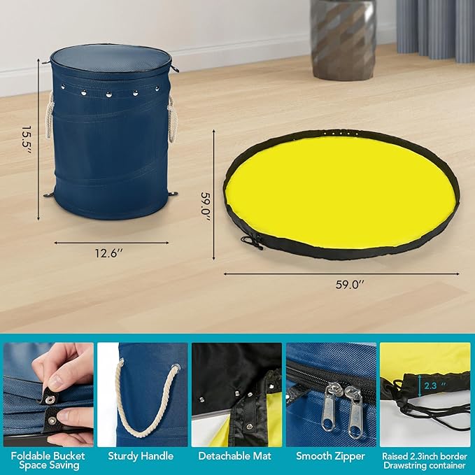 Toy Storage Basket and Play Mat for Kids - Foldable Toy Storage Organizer Bins with Lids - Kids Toy Box Chest for Building Blocks, Boys, Girls, Nursery, Playroom, 12.6''x12.6''x15.5''(Blue)