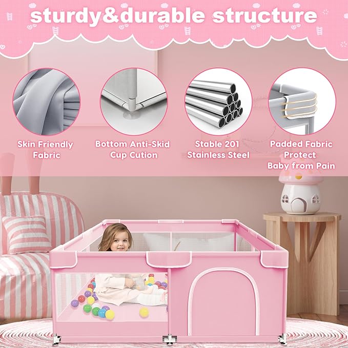 Baby Playpen 50 x 50 Inch Play Pen Playards, Playpen for Babies and Toddlers, Baby Playard for Indoor & Outdoor Active Center Game Fence, with Skin-Friendly Fabric and Soft Breathable Mesh Pink