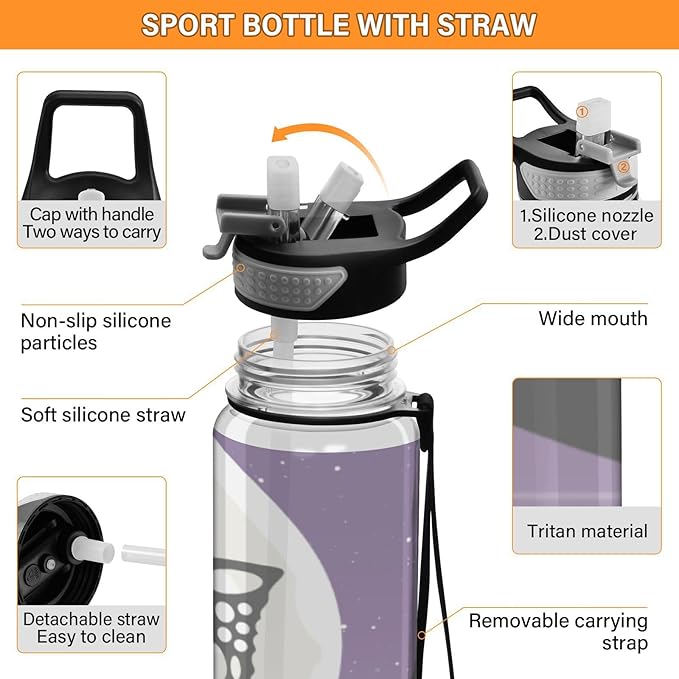 Kigai Beautiful Fairy Clear Water Bottle with Straw Lid, BPA-Free Leakproof Sport Water Bottle 32oz Large Gym Water Jug for Men Women Travel Fitness Outdoor