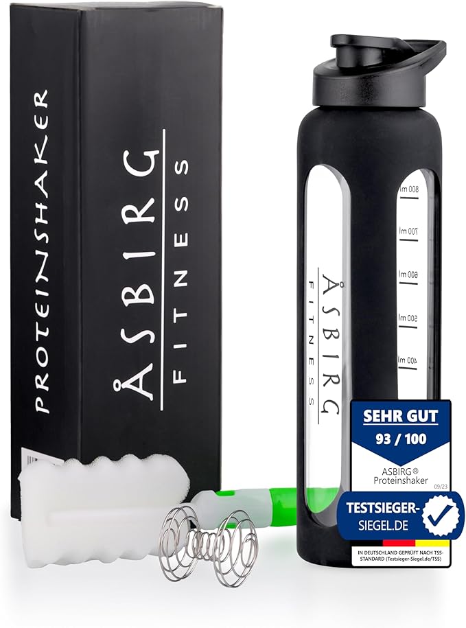 Fitness Glass Protein Shaker 1 Litre Protein Shaker Drinking Bottle with Spiral Ball Black 1000 ml