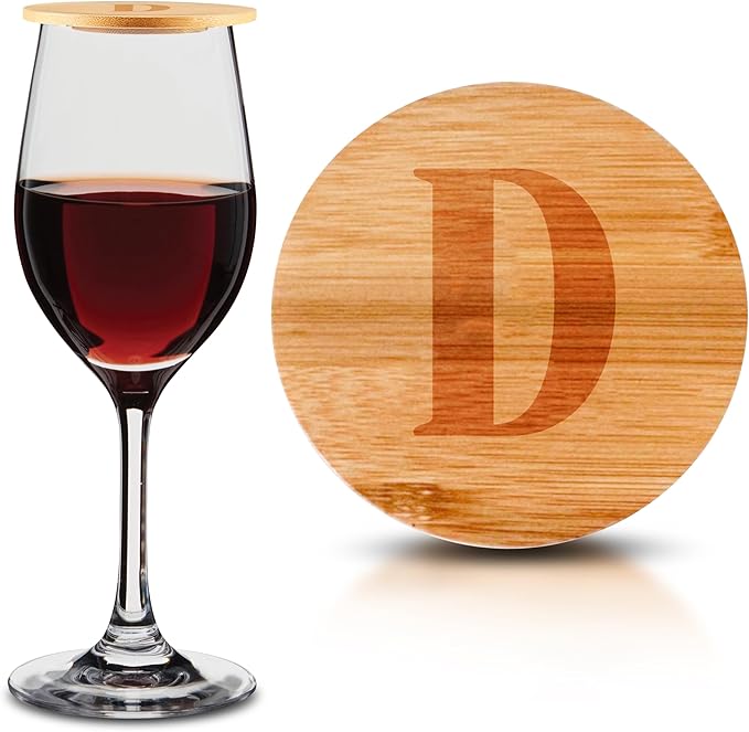 Personalized Wine Glass Charcuterie Topper - Custom Laser Engraved Initial Bamboo Wine Glass Topper Stopper Coasters Plate ID Identification Wine Glass Charcuterie Board Topper (Letter D)