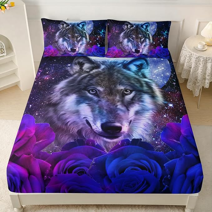 AILONEN Wolf Print Fitted Sheet Set Full Size, Moon Galaxy Wolf Bed Sheet Set Full,3 Pieces Full Romantic Blue Rose Wolf Fitted Sheet with 2 Pillowcases