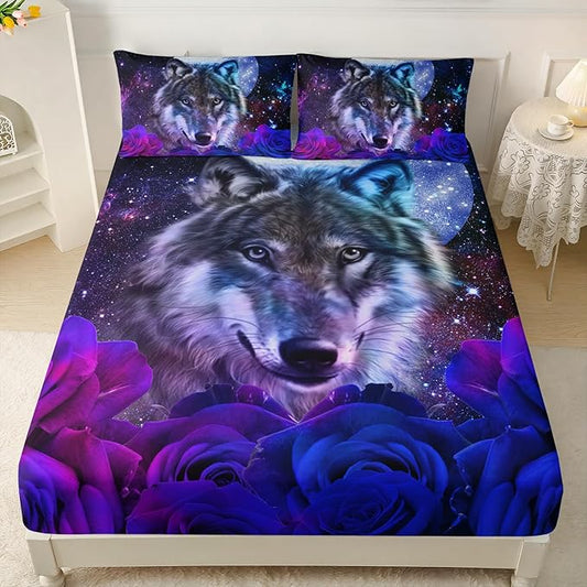 AILONEN Wolf Print Fitted Sheet Set Twin Size, Moon Galaxy Wolf Bed Sheet Set Twin,3 Pieces Twin Romantic Blue Rose Wolf Fitted Sheet with 2 Pillowcases