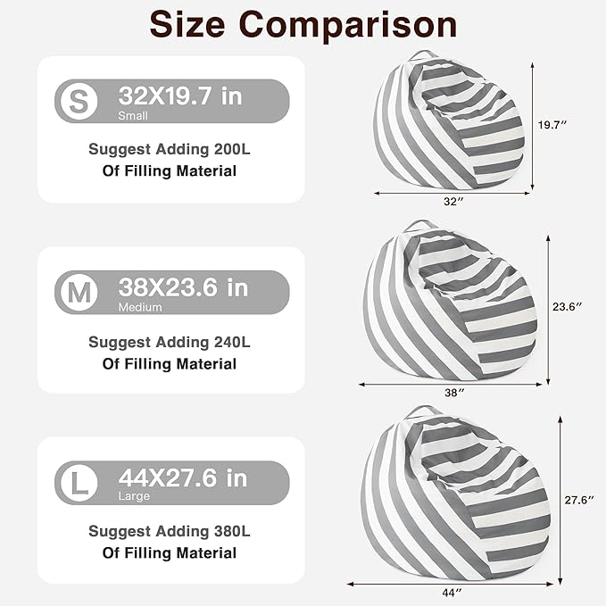 EXQ Home Kids Bean Bag Chairs Cover -Stuffed Animal Bean Bag Storage Grey and White Stripes-Zipper Bean Bag for Organizing Children Plush Toys Holiday Gift for Girl,Boys (2XL)