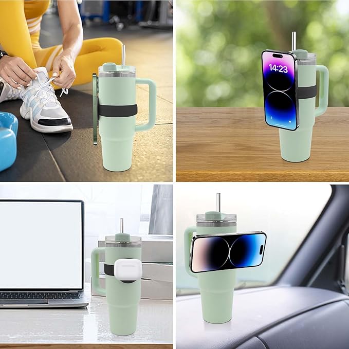 Watter Bottle with Magsafe Phone Holder, Magnetic Holder Adjustable Strap Compatible with Stanley Tumbler Cup Owala 32oz for iPhone Android Devices 2x Metal Iron Ring (Black)